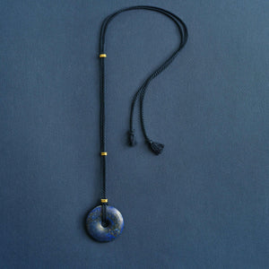 Navy Twisted Silk Cord Lapis Discus Necklace