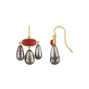 Antique Red Coral Hook Earrings with Tahitian Pearl Drops