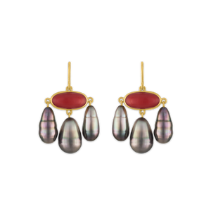 Antique Red Coral Hook Earrings with Tahitian Pearl Drops