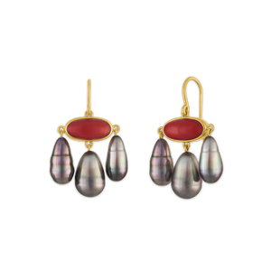 Antique Red Coral Hook Earrings with Tahitian Pearl Drops