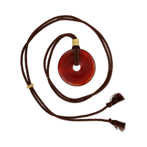 Walnut Twisted Silk Cord Carnelian Discus Necklace