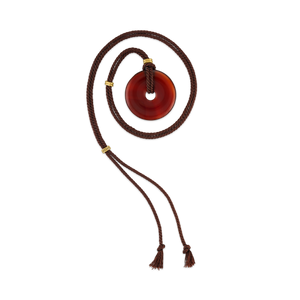 Walnut Twisted Silk Cord Carnelian Discus Necklace