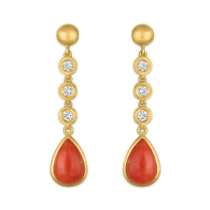 Three Diamond and Antique Coral Chime Earrings