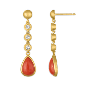 Three Diamond and Antique Coral Chime Earrings
