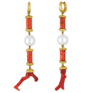 Coral and South Sea Pearl Long Tropaion Earrings