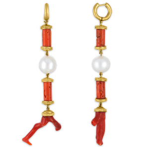 Coral and South Sea Pearl Long Tropaion Earrings