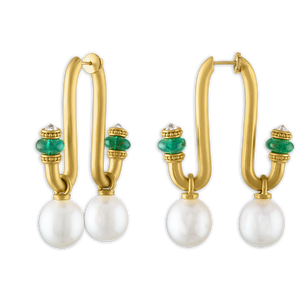 Large South Sea Pearl, Emerald, and Old Mine Diamond Tuba Earrings