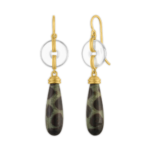Small Rock Crystal and Leopard Jasper Discus Drop Earrings