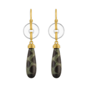 Small Rock Crystal and Leopard Jasper Discus Drop Earrings