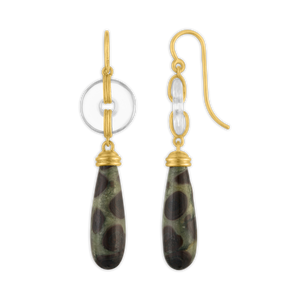 Small Rock Crystal and Leopard Jasper Discus Drop Earrings