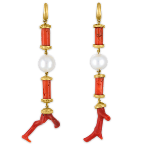 Coral and South Sea Pearl Long Tropaion Earrings