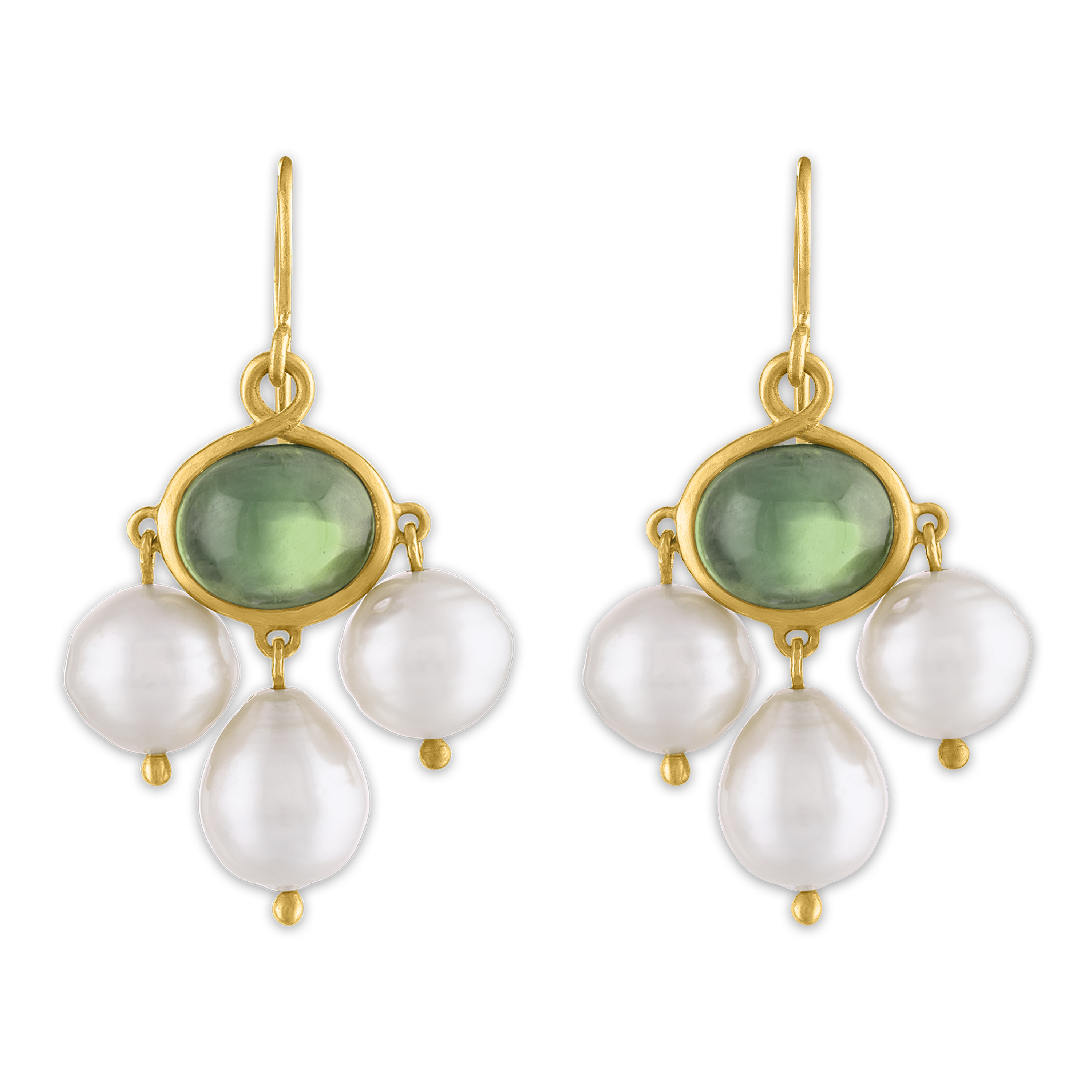 Green Tourmaline and Golden South Sea Pearl Unda Hook Earrings